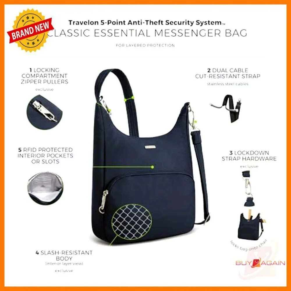 Anti-Theft Messenger Bag with RFID Blocking, Slash-Resistant Polyester